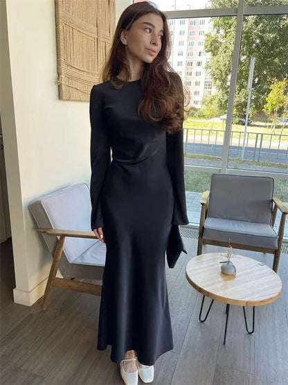 Solid High Waist Fashion Maxi Dress For Women Long Sleeve Patchwork Slim Elegant Party Dress Autumn Female Long Dress