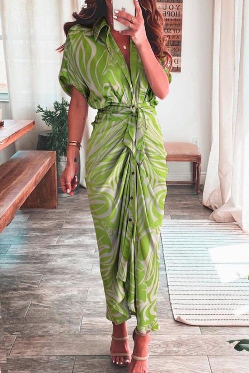 Spring Summer New Temperament Fashion Printed Long Dress Waist Tie-up Shirt Dress Streetwear Woman Clothes Robe Evening Dresses