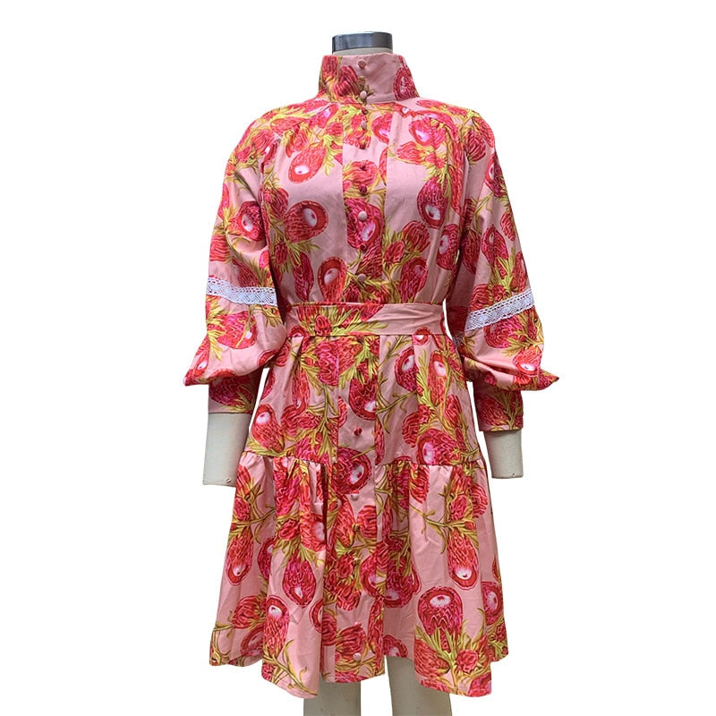 Spring Autumn Woman Printed Long Sleeve Boho Midi Dress Elegant High Waist Stand Collar Buttons Slim Dresses Lady Party Vestidos