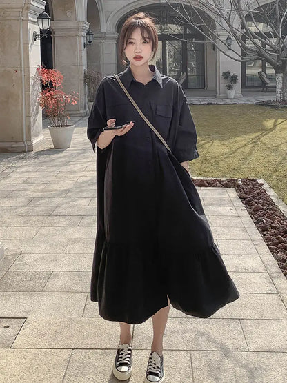 Summer Elegant Dress for Women Fashion Solid Collar Single Breasted Casual Shirt Skirt  Robe Streetwear Oversize Female Dresses