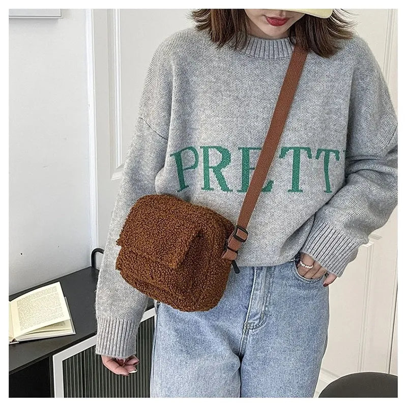 Korean Plush Fabric Women's Shoulder Crossbody Bag Small Fashion Lambs Wool Fluffy Fur Winter Female Bag Designer Handbags