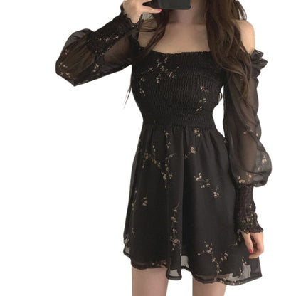 Summer Womens Sexy Black Dress Vintage Flower Long Puff Sleeve Chiffon Dresses Korean Casual Mini Vestidos Mujer Clothes