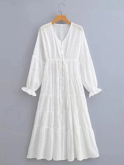 YESMYTOOL  -  White Lace Maxi Hollow Out Kimono Beach Outfits for Women 2024 Lantern Sleeve Buttons Cover-ups Beach Dress Summer