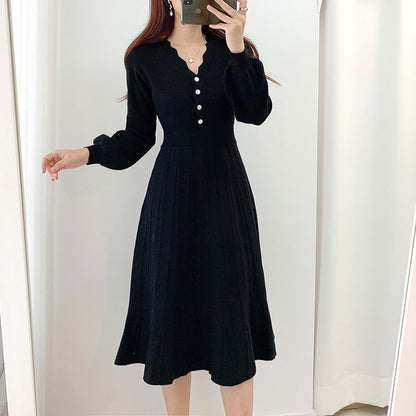 Vintage One Piece Korean Pleated Dress Long Sleeve Slim Woman Sweater Dresses Knitted Elegant Midi Party Woman Dress Autumn