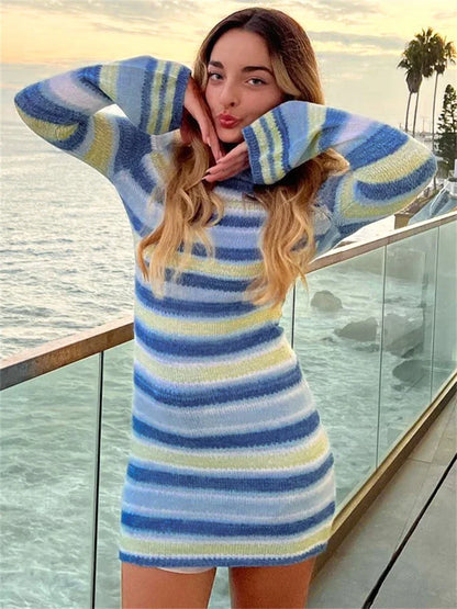 Striped Printed Knit Dress Cover Ups For Women Long Sleeve Loose Knitted Beach Swimwear Cover Ups Dress Backless Knitwear