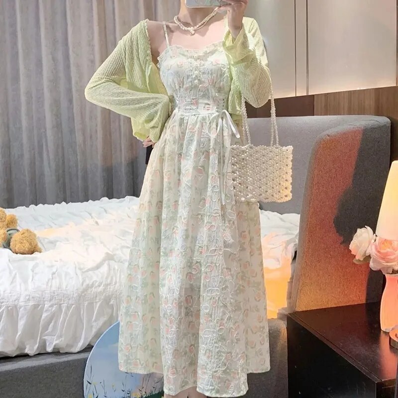 Spring Summer Elegant Y2k Midi Dress Women Casual Lace One Piece Dress Korean Sweet Vintage Floral Dress Party 2 Piece Set