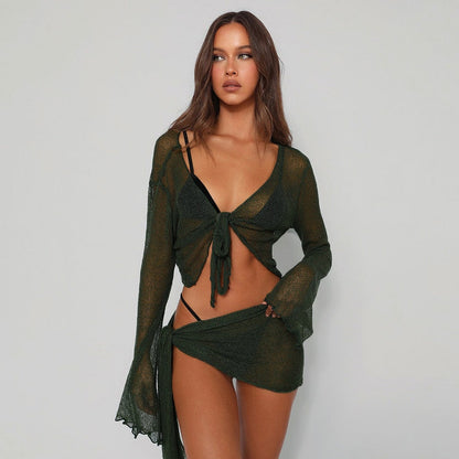 Summer Dress Sets Sexy See Through Two Piece Sets Beach Outfits for Women Long Sleeve Cropped Top Matching Mini Skirts Suit