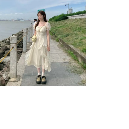 Vintage Fairy Chiffon Long Dress Women White Elegant French Party Midi Dress Puff Sleeve Casual Women's Clothing