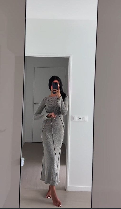 Women Solid Hollow Out Knitted Maxi Dress Eleagnt O Neck Long Sleeve Slim A Line Vestidos Fashion Female Bohe Patchment Robe