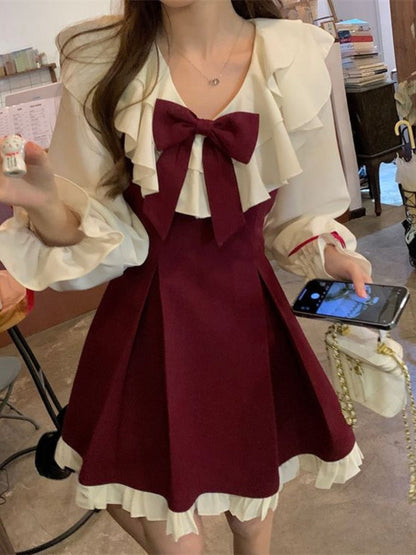 Sweet Cute Dress Suit Women Kawaii Ruffles Bow Long Sleeve Shirt Red Slip Dress Preppy Style Pleated Robe Korean Fashion