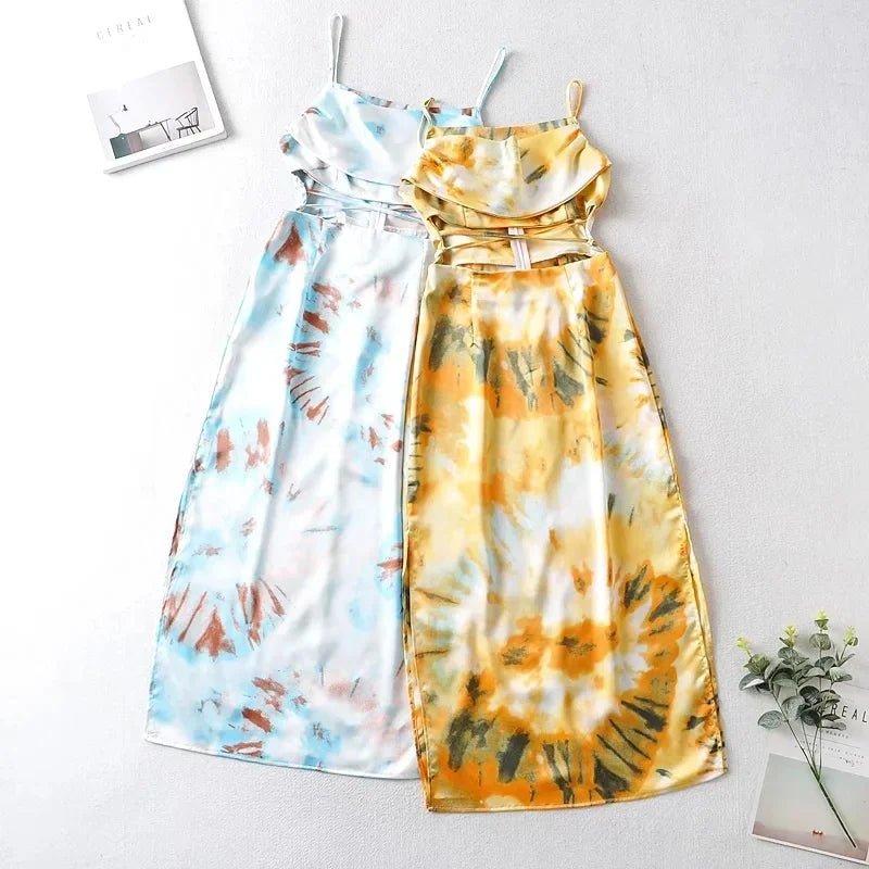 YESMYTOOL  -  Waist Cut Out Criss Cross Sexy Summer Tie-dyed Midi Dress Ladies Elegant Beach Boho Slip Long Dress Sleeveless Sundress