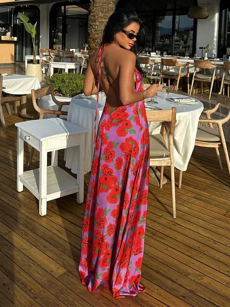 YESMYTOOL  -  Sexy Backless Flower Printed Women Maxi Dress Elegant V-neck Sleeveless Satin Halter Dresses Summer Lady Beach Vacation Robes