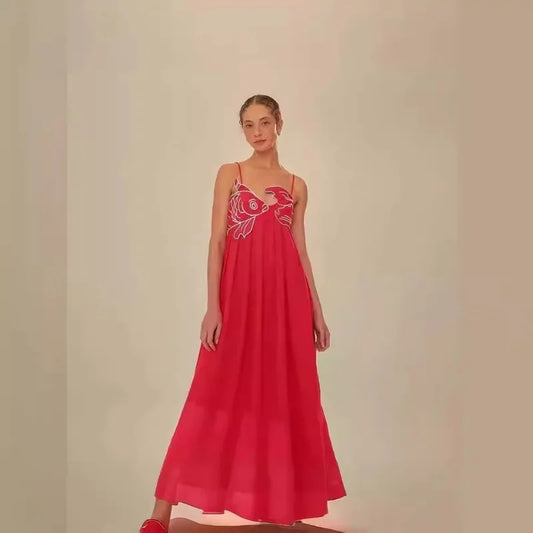 YESMYTOOL  -  Design 3D Embroidered Red Koi Strap Dress 2024 Spring Summer New Pleated High Waist Sleeveless Backless Elegant Long Robes