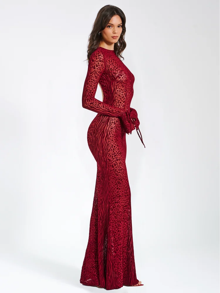 Red Striped Print Sexy Maxi Dress For Women Fashion Long Flare Sleeve Backless Bodycon Club Party Long Dress Elegant