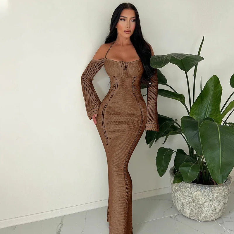 Hollow Out Backless Knitted Sexy Maxi Dress For Women Autumn New Off-shoulder Strapless Bodycon Long Dress Elegant