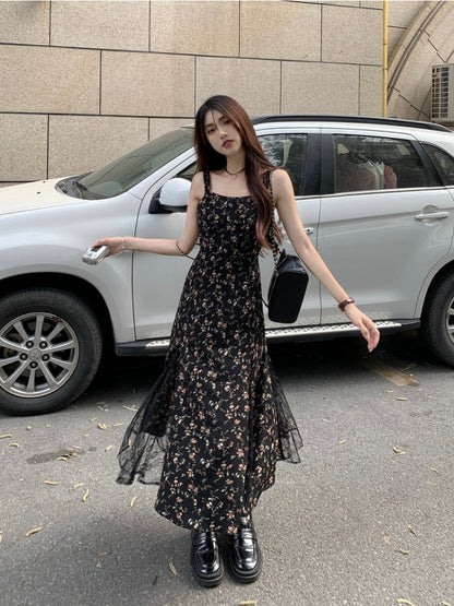 Y2k Vintage Black Floral Dress Women Korean Style Mesh Irregular Split One Piece Slip Long Chiffon Fairy Dresses Summer