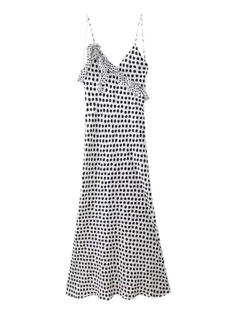 YESMYTOOL  -  Elegant Polka Dot Women Sling Maxi Dress Sexy 3d Flower Backless Sleeveless Slim Dresses Summer Female V-neck Ruffle Party Robes