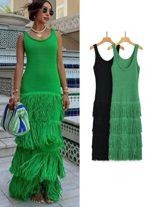 Women Solid Tassel Knitted Dresses Summer Female O-Neck Sleeveless Sheath Strap Dresses Two Colors