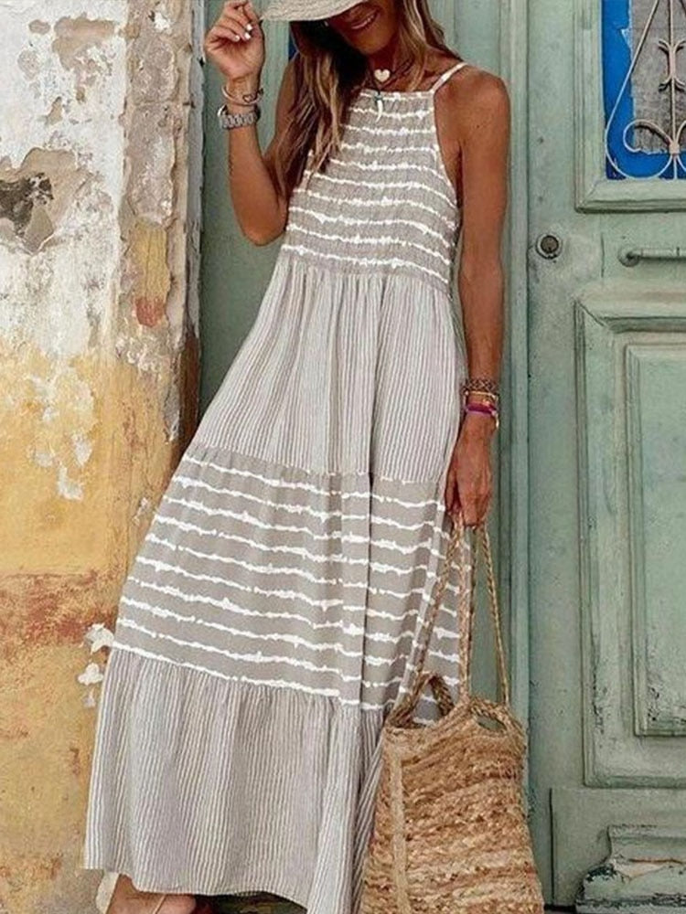 Women's Fashion Retro Loose Print Sling Dress Summer Bohemia Style Beach Seaside Maxi Dress Elegant Chic New Pattern Long Dress