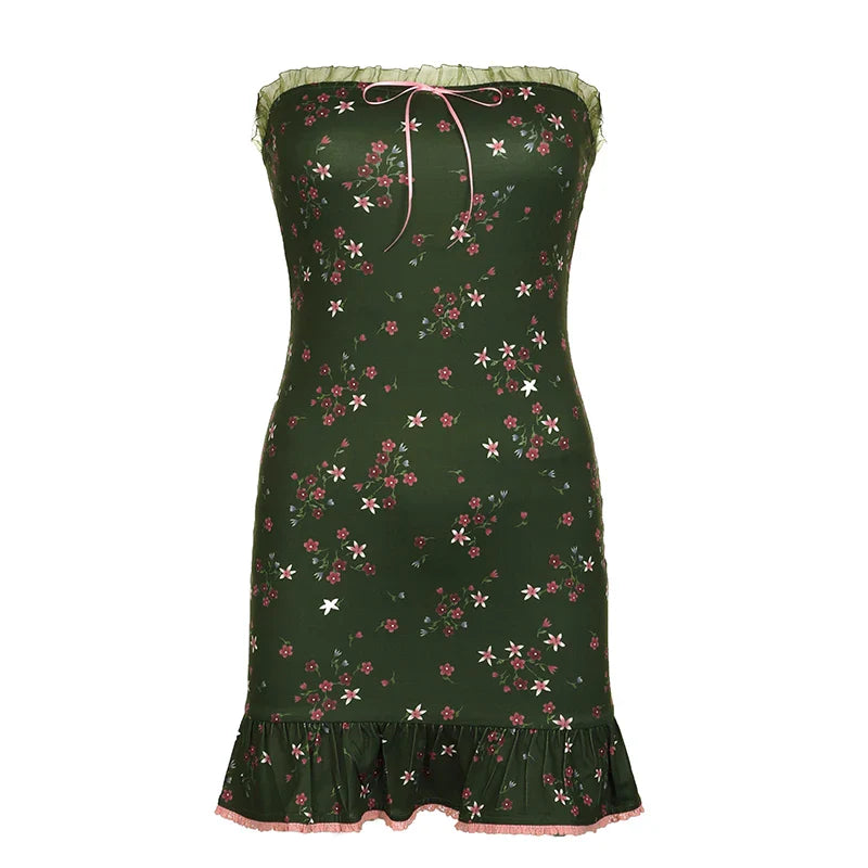 YESMYTOOL  -  Vintage Fashion Floral Printed Bodycon Summer Dress Ruffles Ruched Strapless Party Dress Mini Women Coquette Clothes