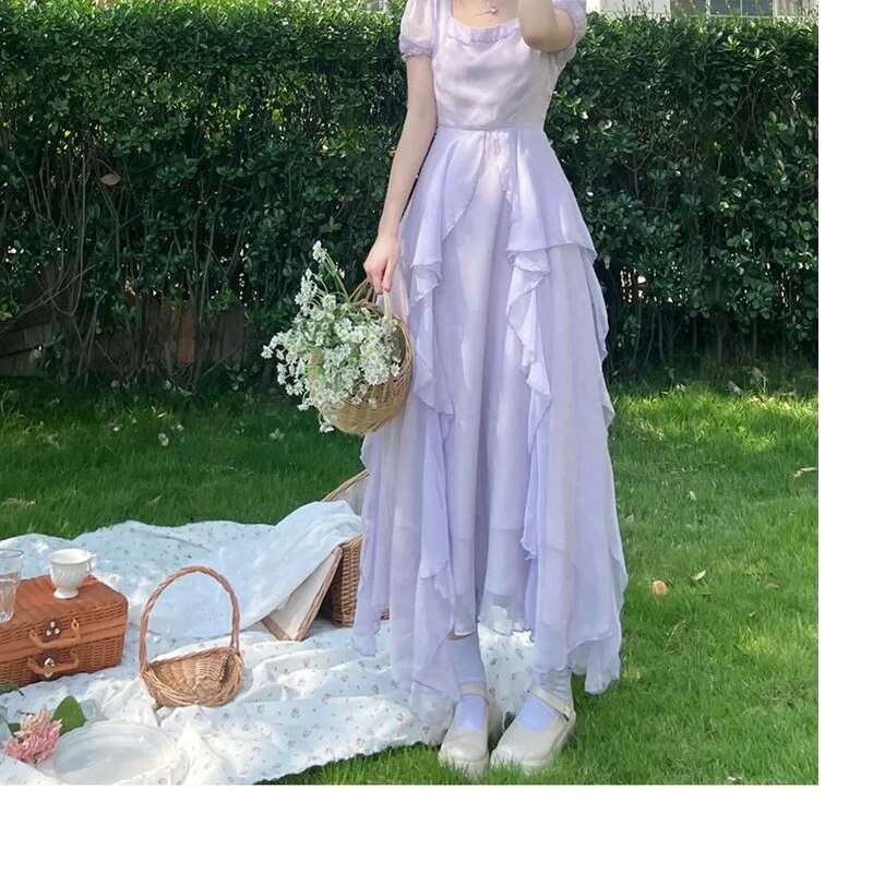 Vintage Fairy Chiffon Long Dress Women White Elegant French Party Midi Dress Puff Sleeve Casual Women's Clothing