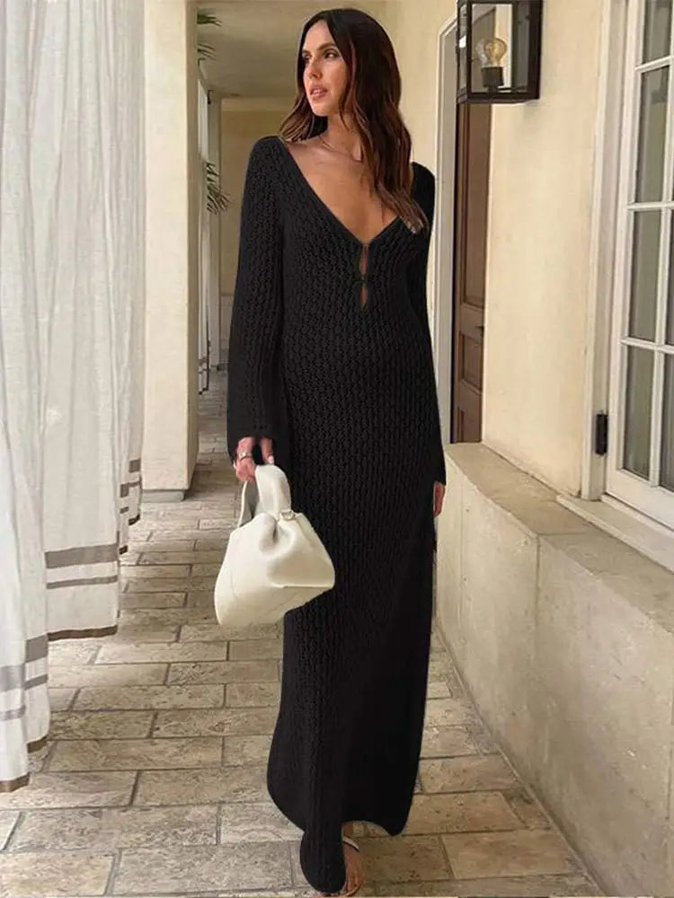 YESMYTOOL  -  Sexy Hollow Out Women Knit Maix Dress Elegant V-neck Flare Long Sleeve Bodycon Dresses 2024 Summer Lady Beach Vacation Robes