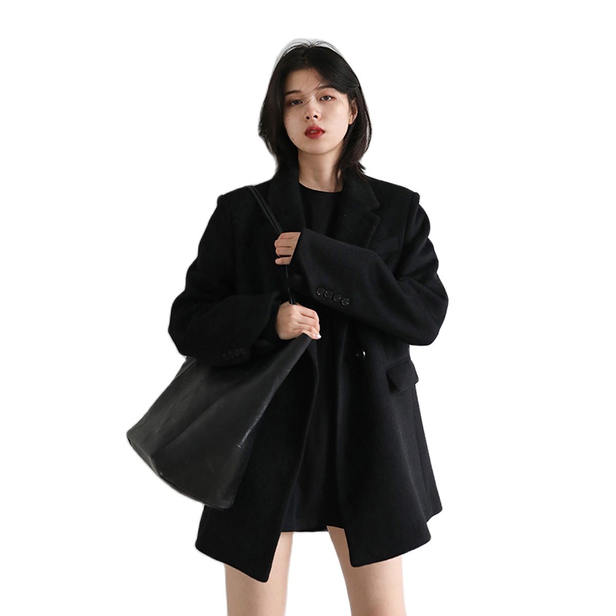 Women Wool Blend Coat Solid Mid Long Woolen Blazer Thick Warm Blouse Women's Overcoat Office Lady Tops Autumn Winter