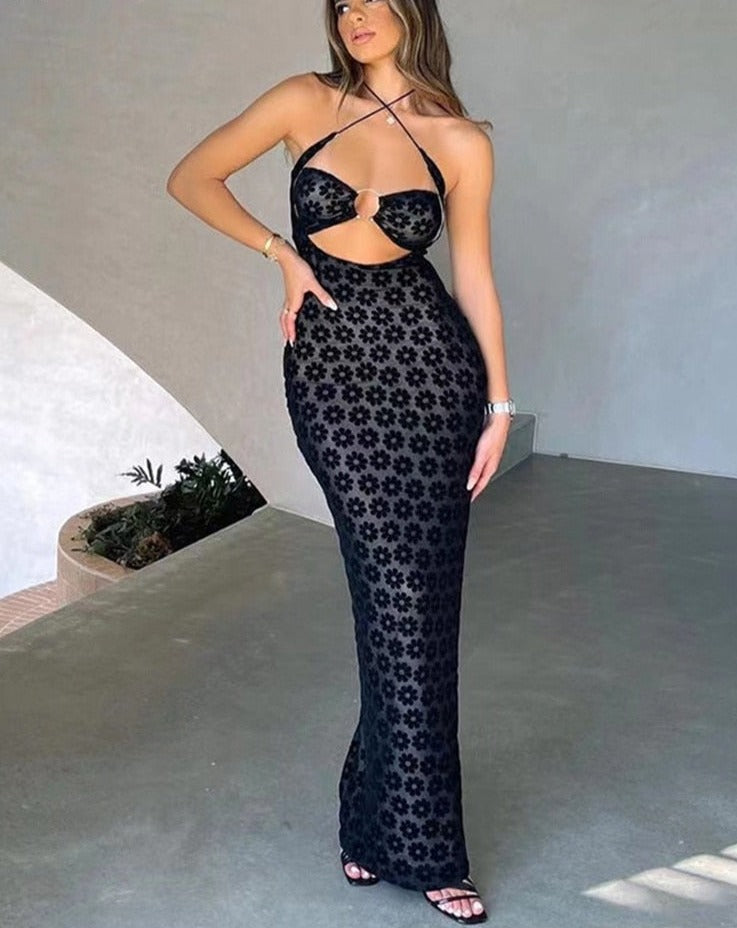 Dresses Women Maxi Dress Solid Color Hanging Neck Sexy Hollow Perspective Bag Hips Robe Female street Trendy Clothing