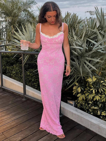 YESMYTOOL  -  Sexy See Through Lace Women Maxi Dress Pink Spaghetti Strap Evening Dresses Summer Vacation Elegant Party Beachwear