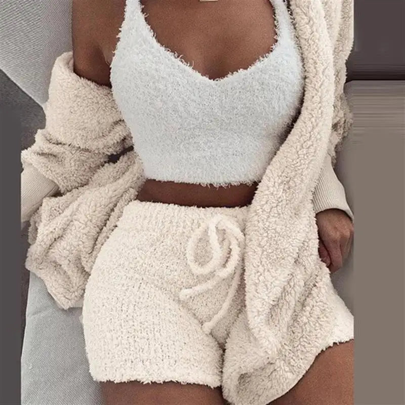 Women's Comfortable Knit Pajama Set Crop-top with V-neck Winter Plush Loungewear Casual 3-Piece Set Long Sleeve Shorts Sports