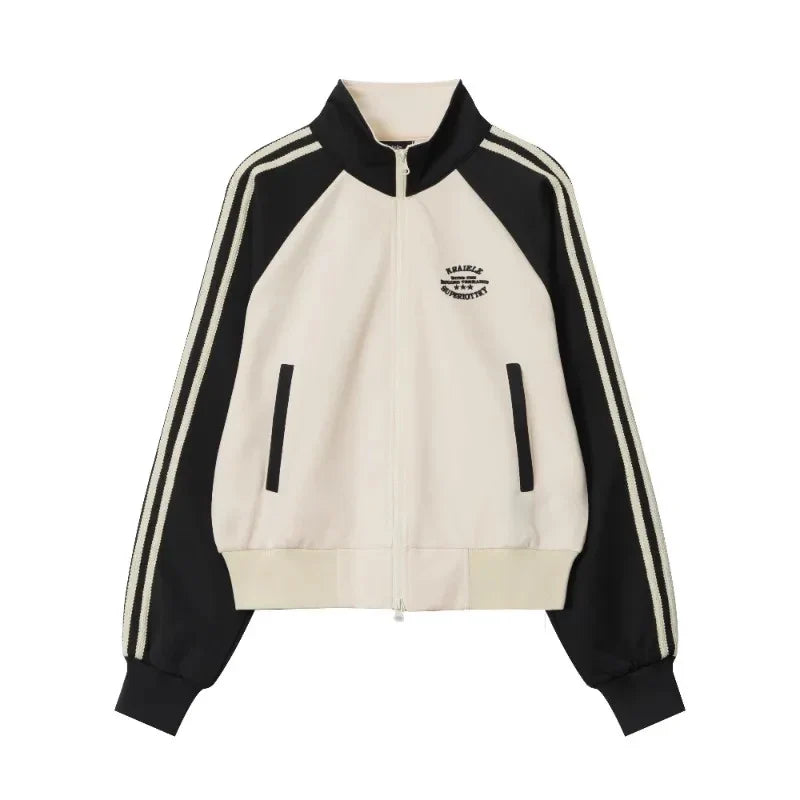 American Retro Striped Zip Up Hoodies Long Sleeve Patchwork Sweatshirt Sporty Jacket Preppy Style Track Clothes Autumn