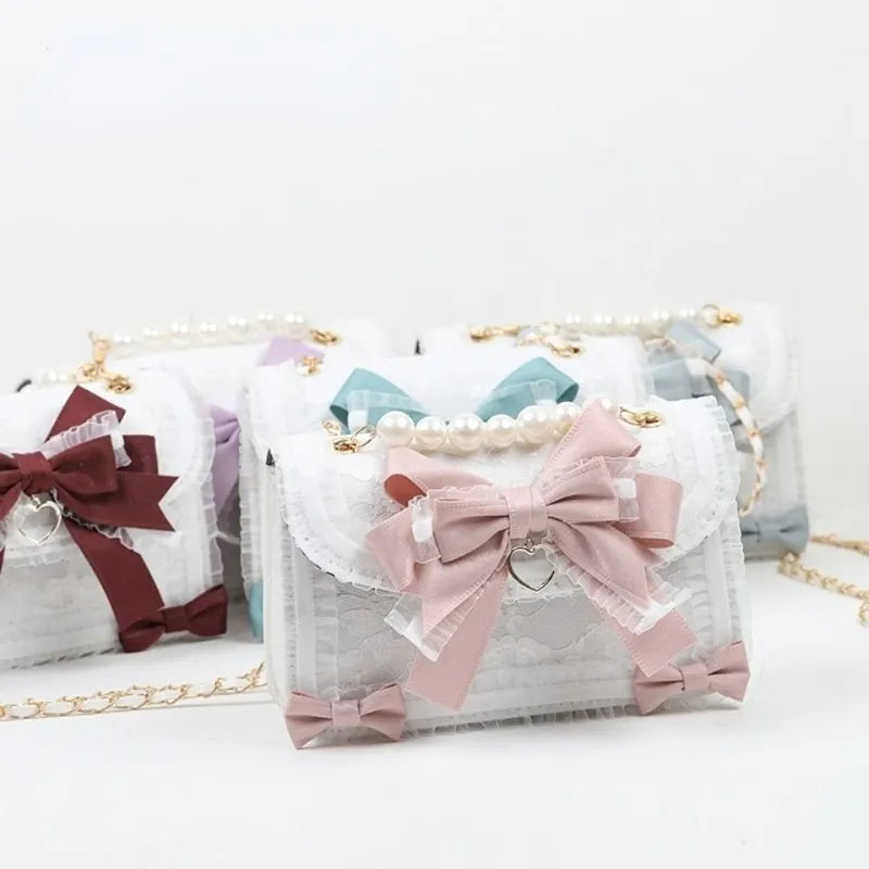 MBTI Bow Lace Shoulder Bag for Girl Pearl Jk Kawaii New Trend Purse Japan Style Gentle Female Designer Crossbody Bag