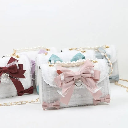 MBTI Bow Lace Shoulder Bag for Girl Pearl Jk Kawaii New Trend Purse Japan Style Gentle Female Designer Crossbody Bag