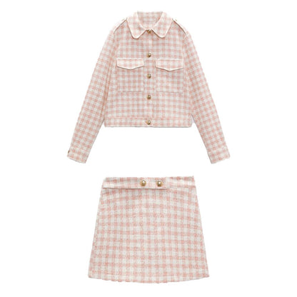 ZA spring new sweet girl pink checkerboard pattern suit jacket + temperament high waist checkerboard pattern casual shorts