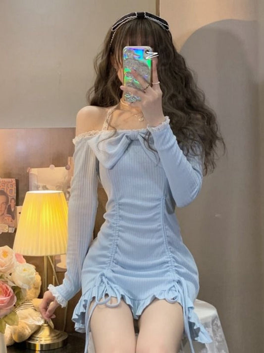 Bodycon Wrap Sexy Dress Women Korean Style Design Kawaii Ruffles Lolita Short Dresses Lace Robe Female 2022 Autumn