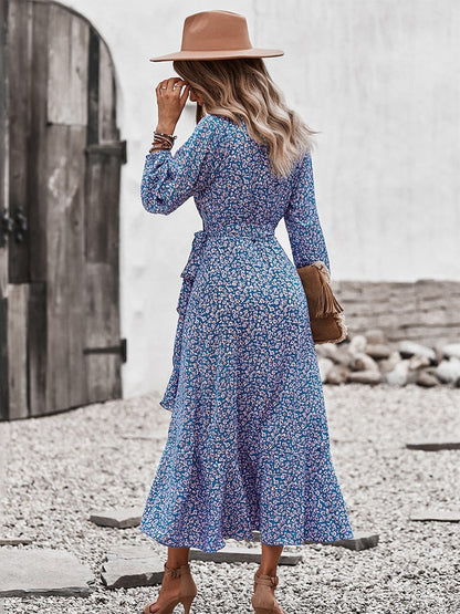 Spring Autumn Long Bandage Print Dress For Women V Neck Full Sleeve Hight Waist Winter Maxi Dresses Ladies Elegant