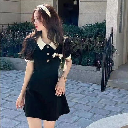 Sweet Dress Women Preppy Style Bow Turn Down Collar Mini Dress Student Korean High Waist Short Sleeve A Line Sundress Y2K