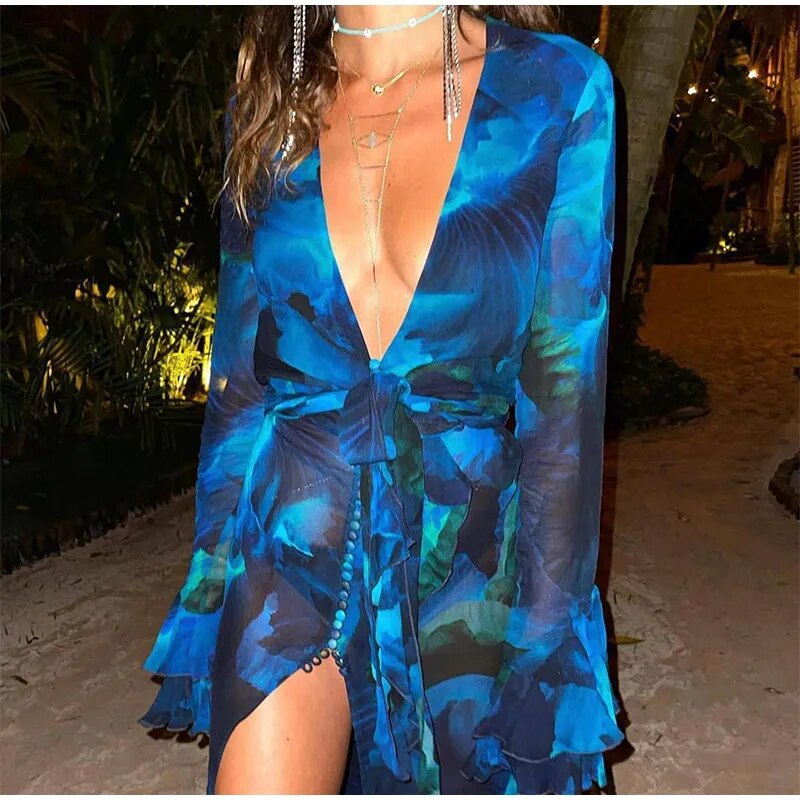 Women Sexy Deep V Neck High Split Dress Summer Beach Elegant Outwear Vestidos Print Mesh See Through Ruffles Loose Maxi Dress