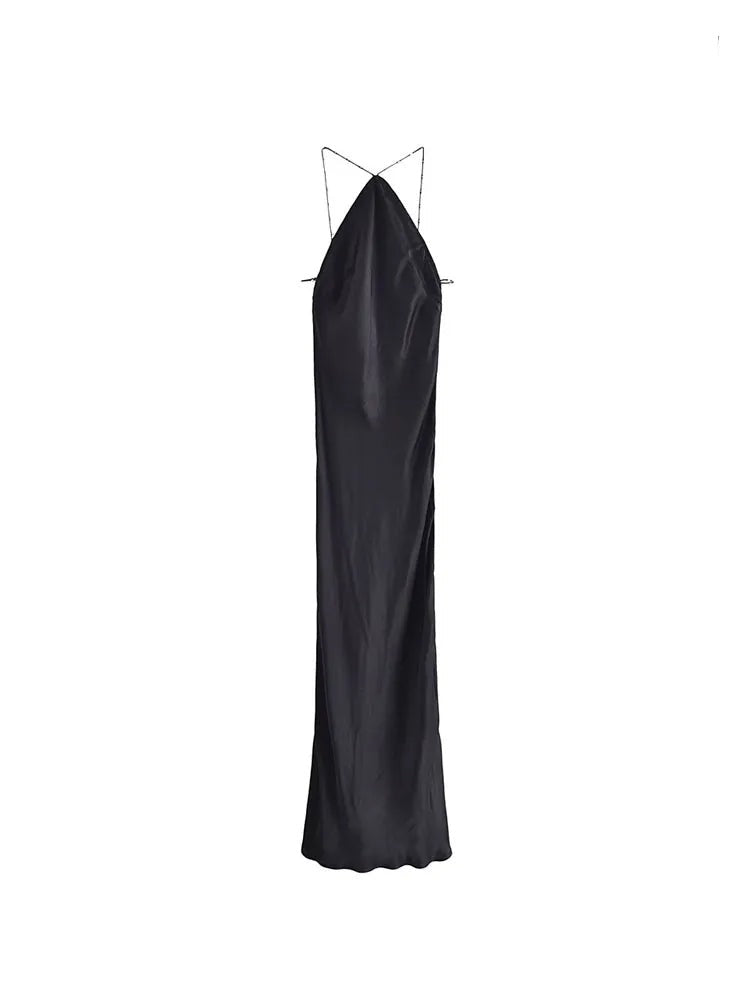 Women Fashion With Bead Halterneck Satin Midi Dress Sexy Backless Zipper Thin Straps Female Dresses Vestidos Mujer