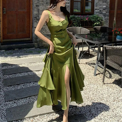 Summer Women Long Satin Dress Sleeveless Sexy Backless Silk Slit Ruffle Maxi Beach robe Party dresses evening dresses