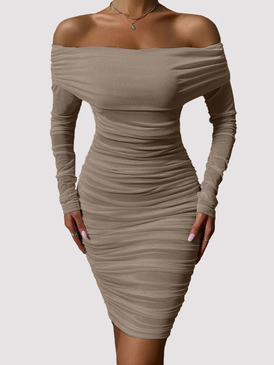 Shoulder Mesh Party Dress Women Clothing Sexy Club Backless Ruched Bodycon Dresses Long Sleeves Autumn Vestidos