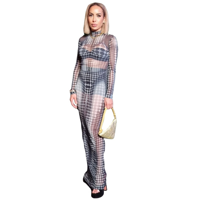 Women's Mesh Dot Print Maxi Dress Sexy See Through Full Sleeve O-neck Body-shaping Long Robe Party Clubwear Lady Vestido