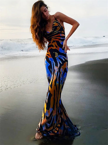 Striped Printed Backless Maxi Dress For Women Spaghetti Slim Fashion Elegant Party Long Dress Gown Boho Summer Dress