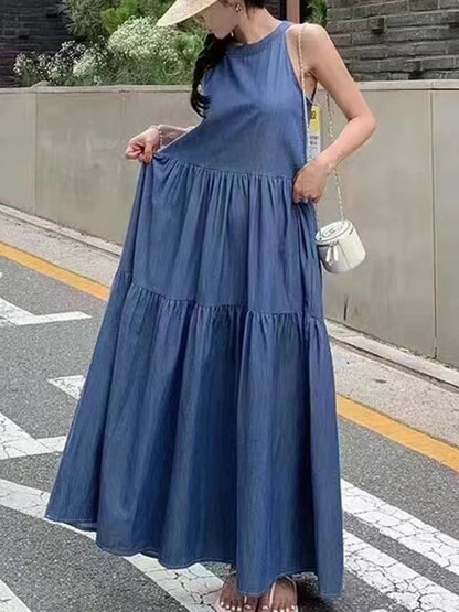 YESMYTOOL  -  Korean Chic Round Neck Pleated Ruffle Edge Elegant Dresses Patchwork Sleeveless Dress For Women 2024 Spring Summer 16U8879