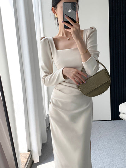 Square Collar Solid Wedding Maxi Dresses for Women Office Lady Bodycon Midi Dress Elegant Korea Fashion Clothes Autumn Robe