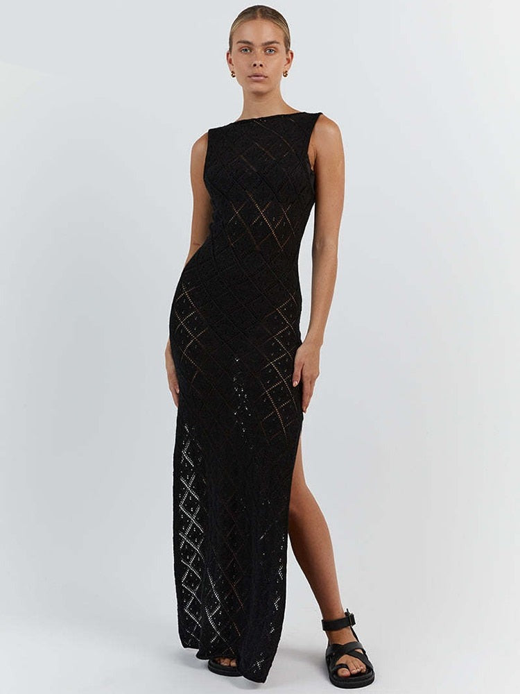 Women Hollow Out Crochet Knitted Dress Beach Slim Sleeveless O Neck Sexy Summer Party Split Maxi Dresses Black