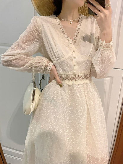 Summer Elegant Lace Fairy Dresses Women Embroidery Mesh Sweet Party Long Dress Female Elegant Korean Lolita Princess Dress