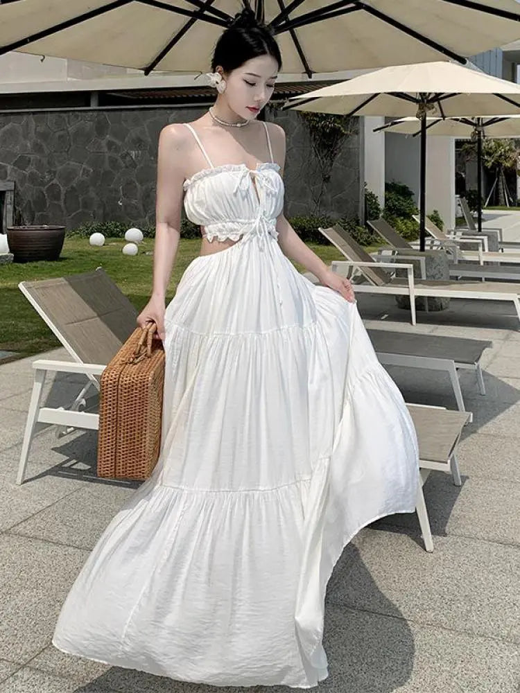 Women Beach Holiday White Dress Summer Backless Hollow Out Lace Up Bandage Long Dresses Female Club Party Fairy Maxi Dress