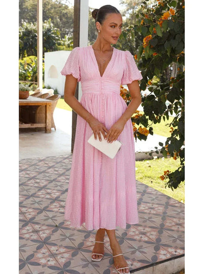 YESMYTOOL  -  V-neck Yellow Puff Sleeve Split Solid Summer Women Dress 2024 A-line Maxi Long Sundress Vestido Button Beach Dress Party