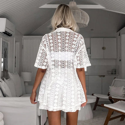 dingdamall  -  Holiday Sexy Women Lace 2-piece Set Summer Women Shorts Sets 2024 New Casual White Lace Hollow Short Sleeve Cardigan+Shorts Set